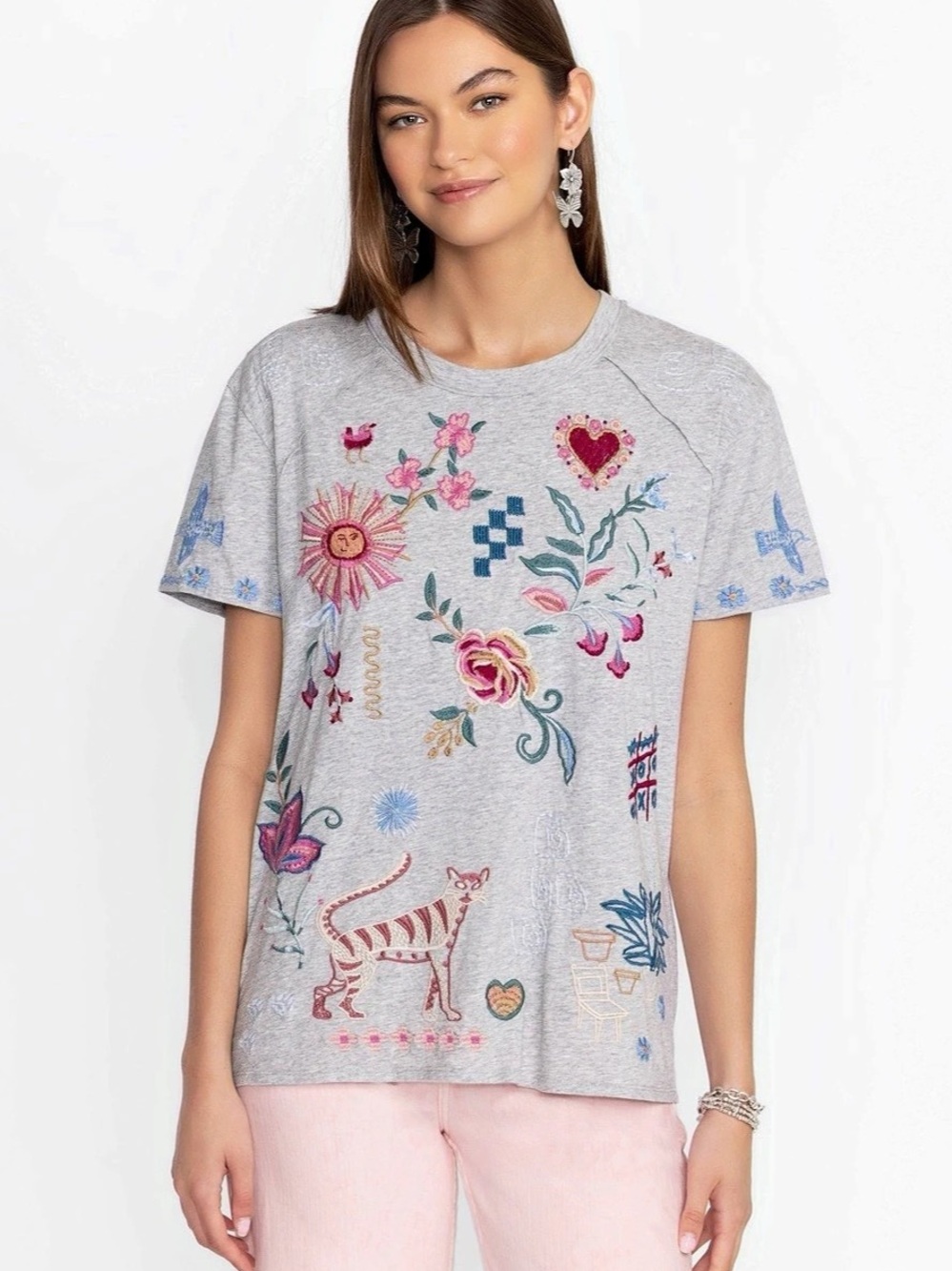Johnny Was Raw Detail Raglan Tee  Embroidered Floral Short Sleeve Top in Gray XL